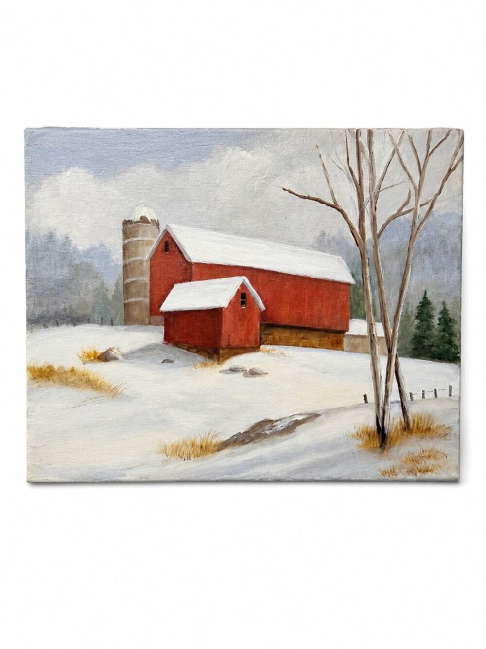 Oil Painting Red Barn Silo Winter Scene Snow Vintage Unknown Artist Unframed Gal